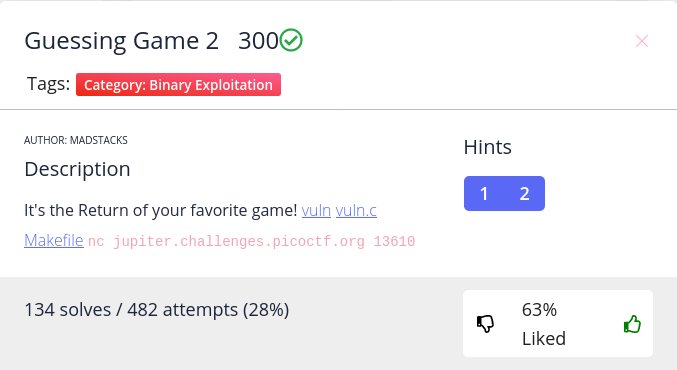 PicoCTF Guessing Game 2 Walkthrough | ret2libc, stack cookies